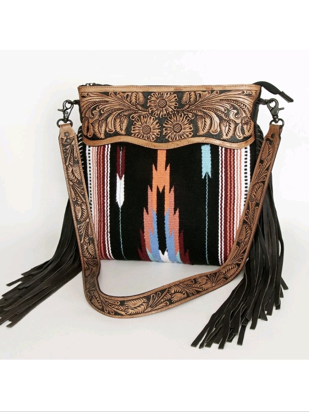 American Darling Signature Southwestern Saddle Blanket Crossbody Bag Hand Tooled